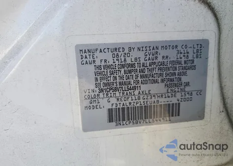 2020 Nissan Kicks S из США, поврежденный, VIN 3N1CP5BV7LL544911